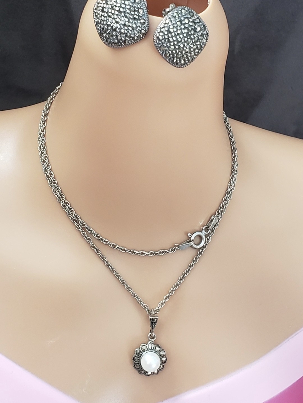 Sterling 925 Necklace with Pearl Flower Pendant And Earring Set